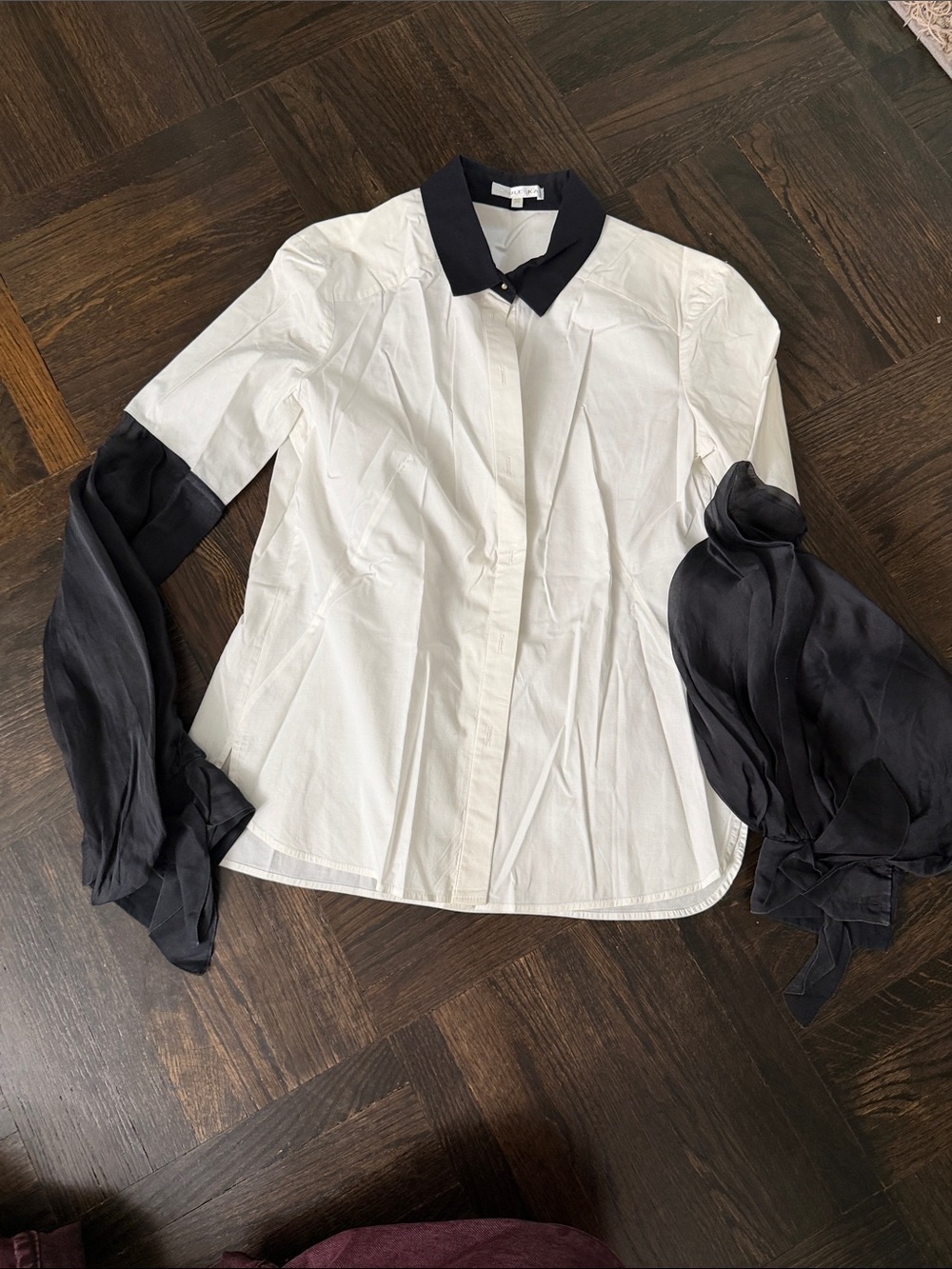 Used AUTHENTIC Paule Ka White Button Front Blouse Black Collar & Sleeves SZ 36